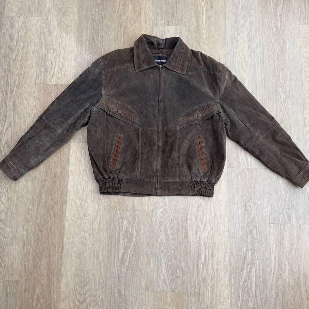 Charles Klein Leather Brown Suede Bomber Jacket - Men's